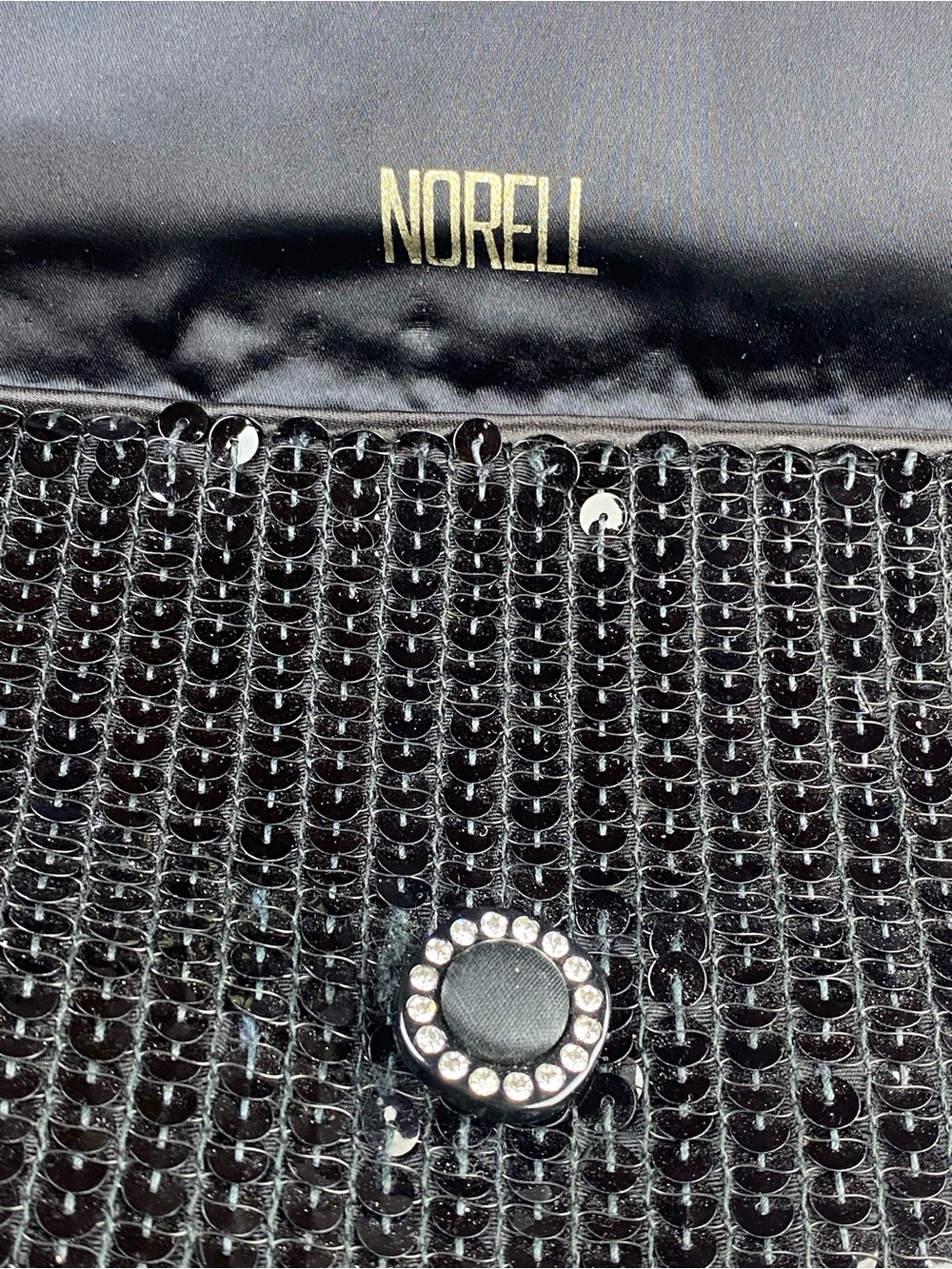 VTG 70’s Norell Black Sequin Clutch Evening Bag Rhinestone Button Closure EUC - Picture 7 of 15
